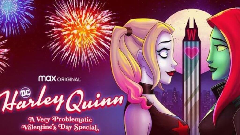 Animated image of two female Batman villains about to kiss in front of fireworks.