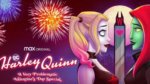 Animated image of two female Batman villains about to kiss in front of fireworks.