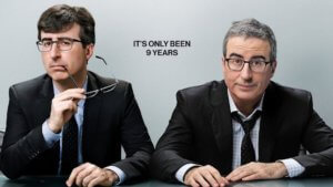 News host and comedian John Oliver shown young and aged 9 years apart