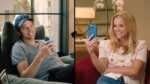 A split-screen image of a man and woman video chatting on their phones with each other