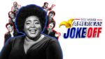 Black and white photos of laughing comedians surrounded by red and blue outlintes