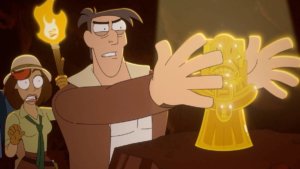 Animated image of an adventurous archeologist picking up a golden idol