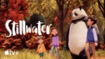 An animated image of three kids walking through the woods with a large panda.