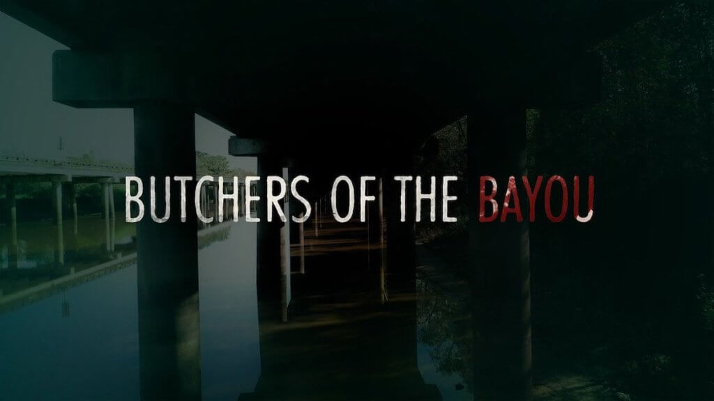 Show title over a dark image of the shadows under a dock, with Bayou in blood red
