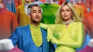 Fashion hosts Tan France and Gigi Hadid in a group of colorful mannequins