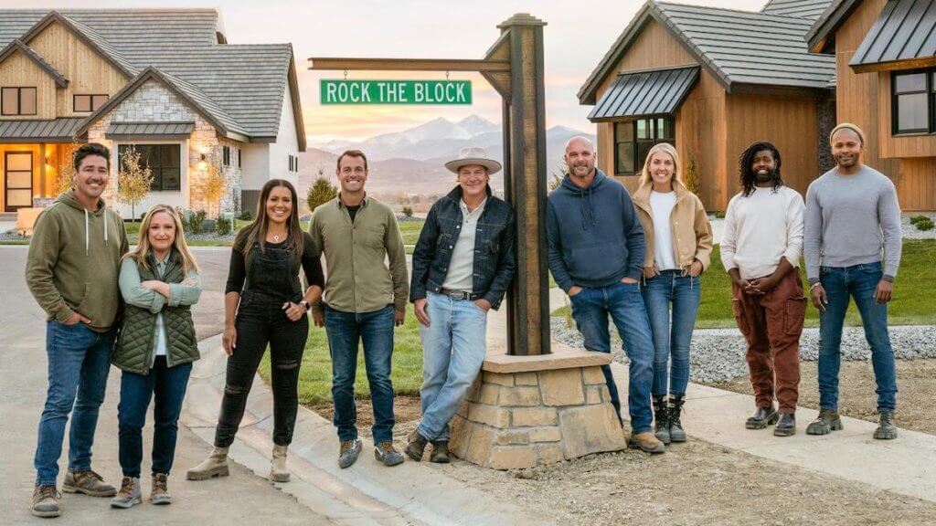 Four pairs of designers and a host stand on a Denver street looking at camera
