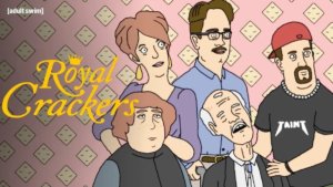 An animated image of a group of awkward white people with an old man in the middle