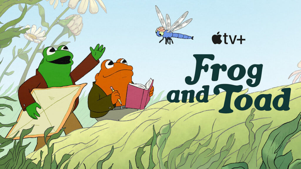 Animated image of friends Frog and Toad going up a hill with a kite