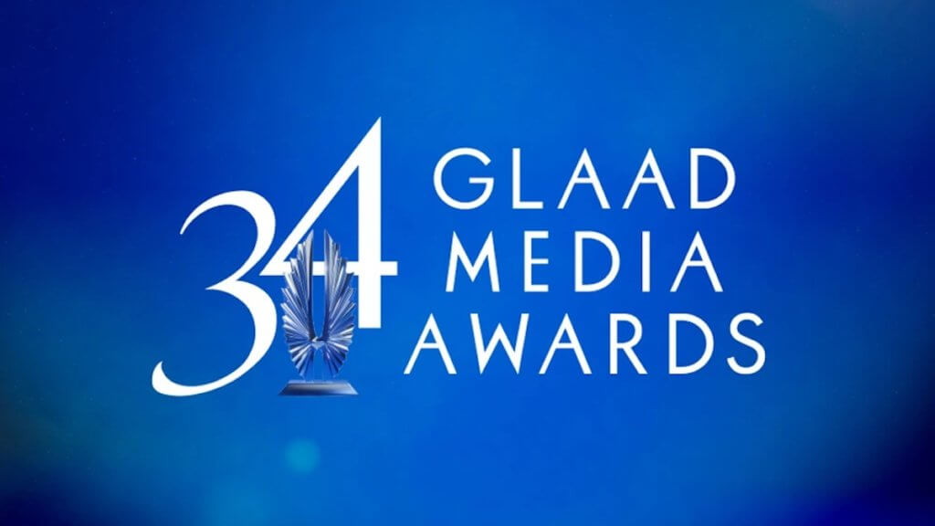 Logo for the 34th GLAAD Media Awards on a blue background