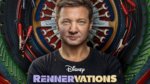 Actor Jeremy Renner in front of a collage of tools
