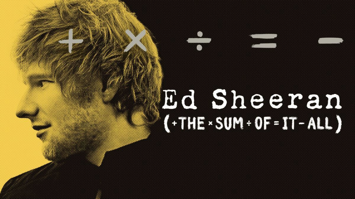 Rock star Ed Sheeran in profile with mathematical symbols overlaid on photo