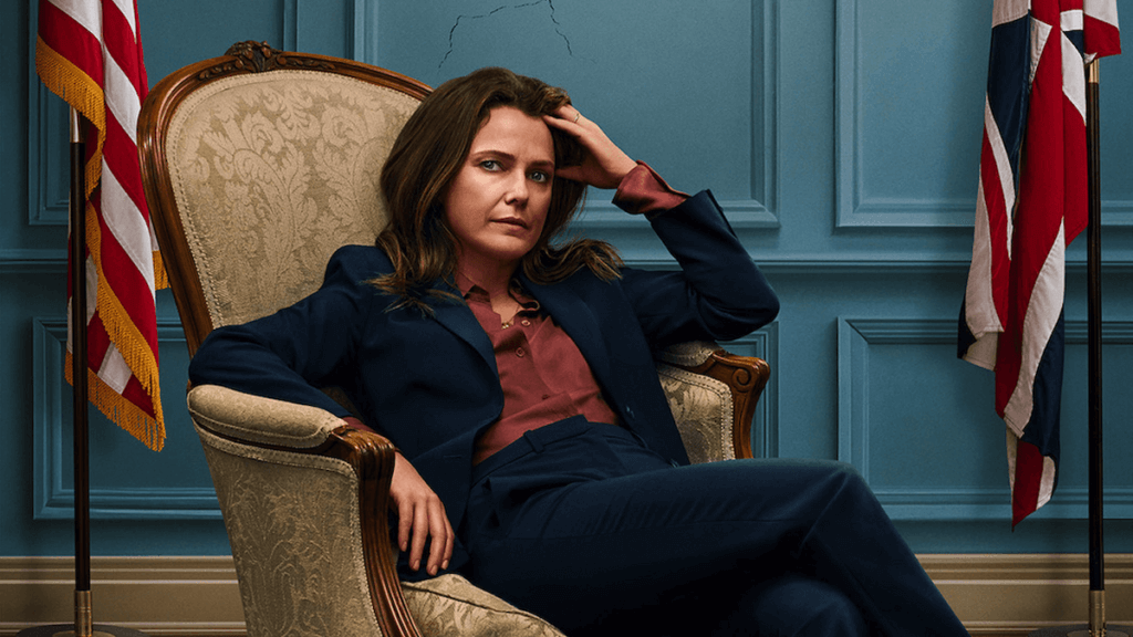 A woman in a suit slumps in a fancy chair with a crack in the wall over her head, flanked by US and UK flags