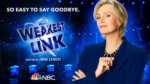 Actor Jane Lynch in a blue suit in front of show logo and image of line of contestant's stands on stage.
