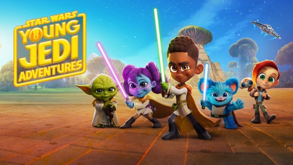 An animated image of several young jedi of various races, and Master Yoda