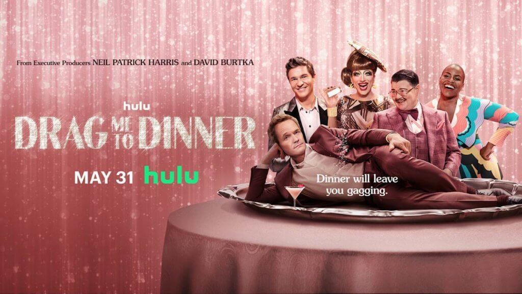 Neil Patrick Harris lounging on a giant dinner platter surrounded by fabulous co-hosts