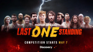 Head and shoulders of 12 naked survivalist competitors with show logo