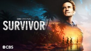 A picture of host Jeff Probst above an island with figures on a beach at sunset