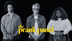 A black and white photo of the three hosts of Prank Panel