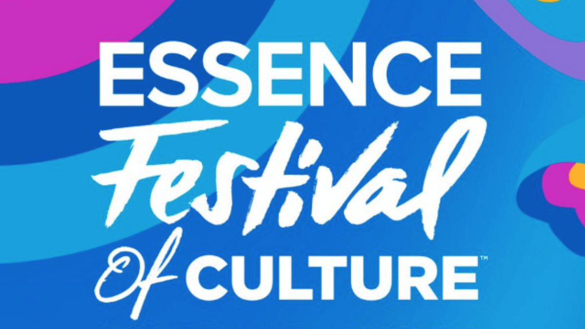 Essence Festival of Culture logo on blue and pink background