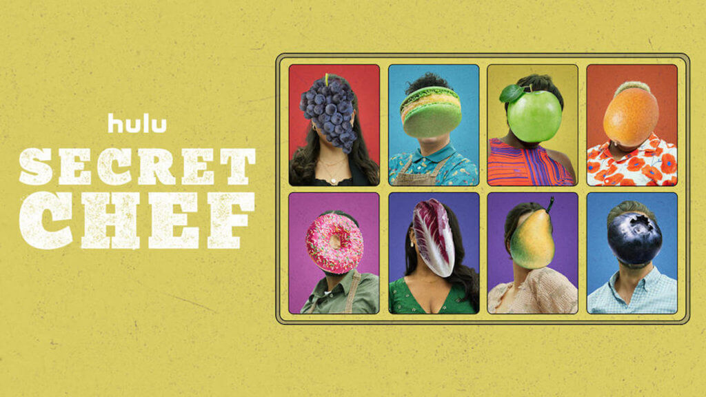 A Title card including show name and four chefs photos with icons of foods covering their faces