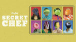A Title card including show name and four chefs photos with icons of foods covering their faces