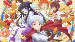 Four anime characters surrounded by swirling pastries