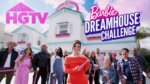 A group of HGTV renovators holding pink tools in front of a real-life Barbie dream house