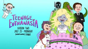 A group of weird animated characters surrounding a zombie-fied teen in bed