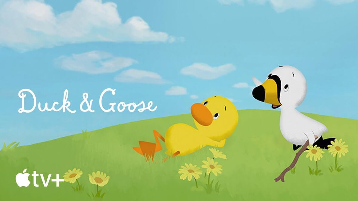 Cartoon image of a duck and a goose on a grassy hill under a blue sky