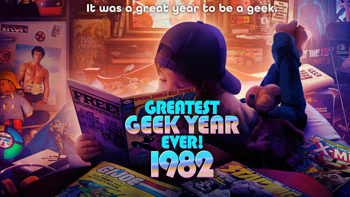 A kid reading a comic magazine surrounded by pop culture and geek paraphernalia of the early 1980s