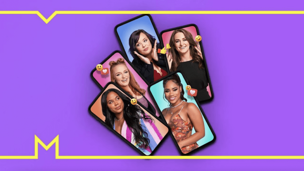 A collage of Teen Mom stars on screens of cell phones with emojis