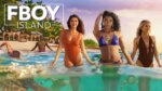 Three sexy women in swimsuits wading in a pool with several men jumping in behind them
