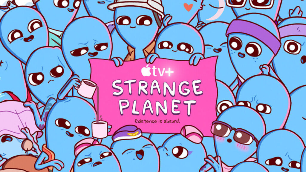 A crowd of small blue animated aliens holding a pink title card