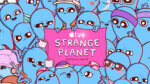 A crowd of small blue animated aliens holding a pink title card
