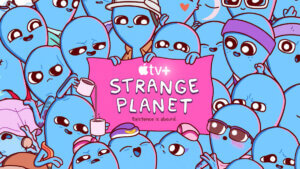 A crowd of small blue animated aliens holding a pink title card