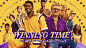 A collage of players and family of LA Lakers in purple and yellow 1980s styles