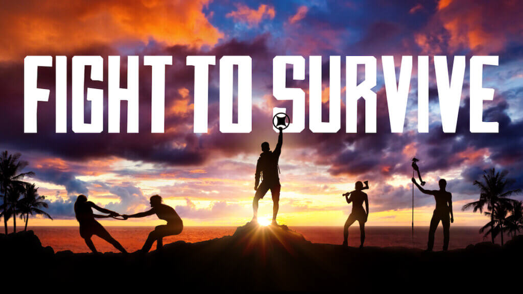 Silhouettes of five people in various positions of struggle and victory in front of a sunset