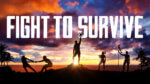 Silhouettes of five people in various positions of struggle and victory in front of a sunset