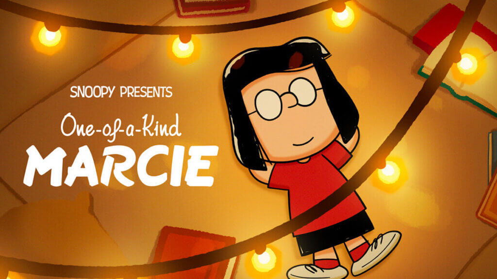 The bespeckled animated character Marcie walking a circus tightrope.