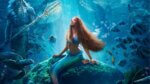 A mermaid sits on a rock under water