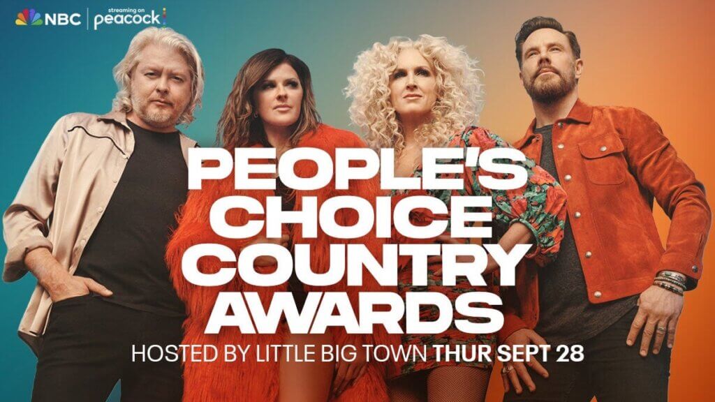 The country band Little Big Town shot from below with the awards title superimposed over them