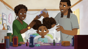 An animated image of a Black couple doing their daughter's hair
